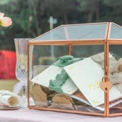 US Rose Gold Pink Pure Copper Standard Large Geometric Glass Card Box Terrarium With Slot, Lock, Handmade For Wedding Reception Wishwell -Terrarium Plant Hub G01A1696