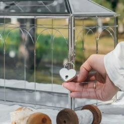 Vintage Silver Large Geometric Glass Card Box Terrarium With Slot, Heart Lock, Foot, Handmade Brass For Wedding Reception Wishwell Keepsake -Terrarium Plant Hub G01A2199