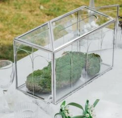 Vintage Silver Large Geometric Glass Card Box Terrarium With Slot, Heart Lock, Foot, Handmade Brass For Wedding Reception Wishwell Keepsake -Terrarium Plant Hub G01A2221