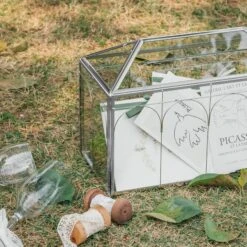 Vintage Silver Large Geometric Glass Card Box Terrarium With Slot, Heart Lock, Foot, Handmade Brass For Wedding Reception Wishwell Keepsake -Terrarium Plant Hub G01A2313