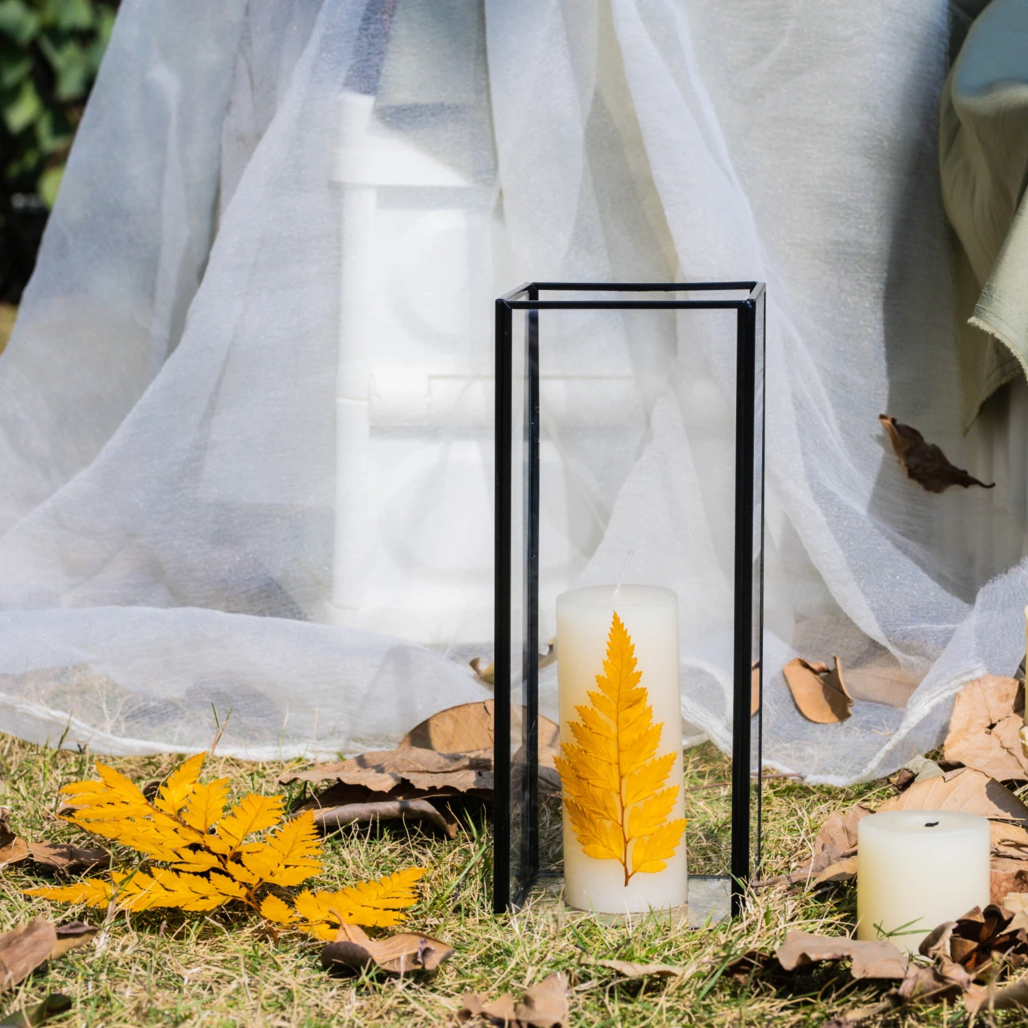Tall Handmade Black Glass Candle Holder, Square, 9.8" Tall