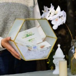 Hexagon Gold Brass And Glass Card Box, Lockable, With Slot For Wedding, Wishwell, Babyshower -Terrarium Plant Hub G01A3298 3