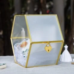 Hexagon Gold Brass And Glass Card Box, Lockable, With Slot For Wedding, Wishwell, Babyshower -Terrarium Plant Hub G01A3331