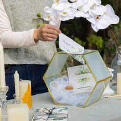 Hexagon Gold Brass And Glass Card Box, Lockable, With Slot For Wedding, Wishwell, Babyshower -Terrarium Plant Hub G01A3356