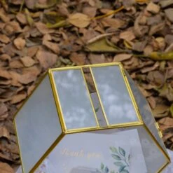 Hexagon Gold Brass And Glass Card Box, Lockable, With Slot For Wedding, Wishwell, Babyshower -Terrarium Plant Hub G01A3404