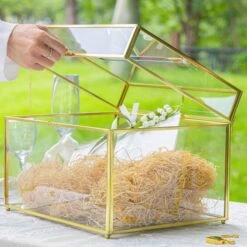 Handmade 12" Large Gold Rectangle Geometric Glass Card Box With Slot Lock For Keepsake, Wedding Reception, Postbox -Terrarium Plant Hub G01A5714 a9c68741 7594 493a 97a9 488f96eca24d