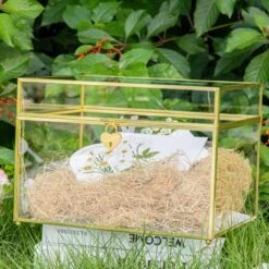 Handmade 12" Large Gold Rectangle Geometric Glass Card Box With Slot Lock For Keepsake, Wedding Reception, Postbox -Terrarium Plant Hub G01A5925 785dc484 22d2 4e3e 8b76 468c3d24f3e8