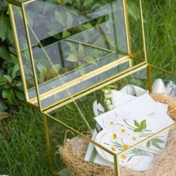 Handmade 12" Large Gold Rectangle Geometric Glass Card Box With Slot Lock For Keepsake, Wedding Reception, Postbox -Terrarium Plant Hub G01A5964
