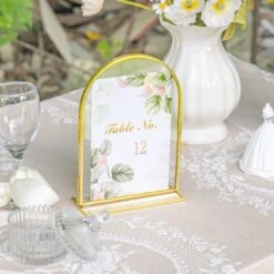 5x7'' Arched Brass And Double Glass Frame, For Pressed Flowers, Table Number Holder 24 5x7'' Arched Brass And Double Glass Frame, For Pressed Flowers, Table Number Holder -Terrarium Plant Hub G01A6941
