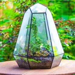 Large 16" Tall And Wide 6 Sided Cone Tin And Glass Terrarium, Close, With Door