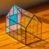 Blue Pink White Stained Glass House Shape Geometric Terrarium, Vintage Style, Close -Terrarium Plant Hub IMG 5866 6bbb5925 d953 4077 9d5d b2301098ce15