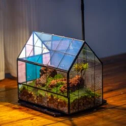 Blue Pink White Stained Glass House Shape Geometric Terrarium, Vintage Style, Close -Terrarium Plant Hub IMG 6635 2