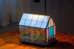 Blue Pink White Stained Glass House Shape Geometric Terrarium, Vintage Style, Close -Terrarium Plant Hub IMG 6691