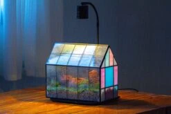 Blue Pink White Stained Glass House Shape Geometric Terrarium, Vintage Style, Close -Terrarium Plant Hub IMG 6692