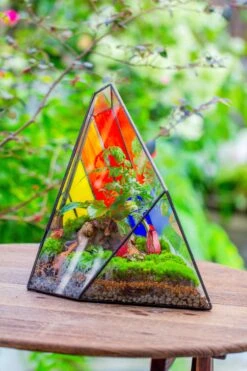 Rainbow Stained Glass Irregular Geometric Ice Peak Shape Terrarium, Close -Terrarium Plant Hub IMG 7990