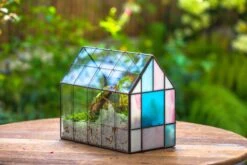 Blue Pink White Stained Glass House Shape Geometric Terrarium, Vintage Style, Close -Terrarium Plant Hub IMG 8248 590c5cab 8f99 495d a1be 4f1124a273c0