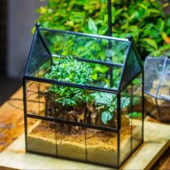 Handmade Terrarium With Light, House Shape Glass Geometric Terrarium With LED Light Set