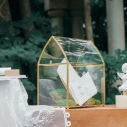 House Shape Arched Top Vintage Glass Card Box Terrarium, Handmade Brass For Wedding Receiption Wishwell Keepsake -Terrarium Plant Hub il fullxfull.3907550292 phyt