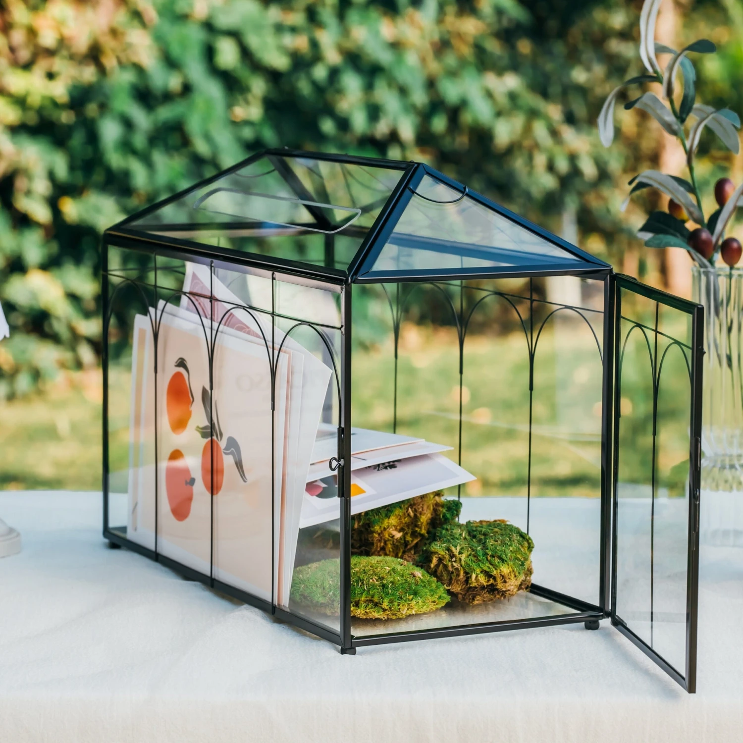 Vintage Black Large Geometric Glass Card Box Terrarium With Slot, Heart Lock, Foot, Handmade Brass For Wedding Reception Wishwell Keepsake