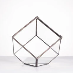 Handmade 10cm / 15cm Inclined Cube Glass Black Geometric Terrarium With Door For Succulent Moss